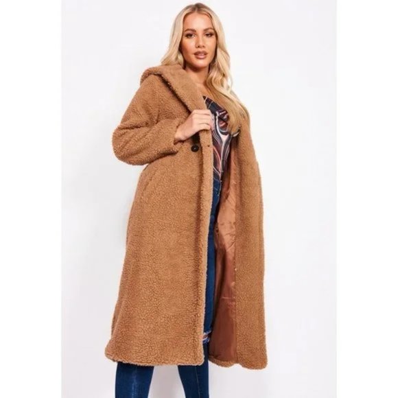 Brown Long Sleeve Hooded Hoodie Long Maxi Borg Teddy Bear Fur Coat - Picture 6 of 15